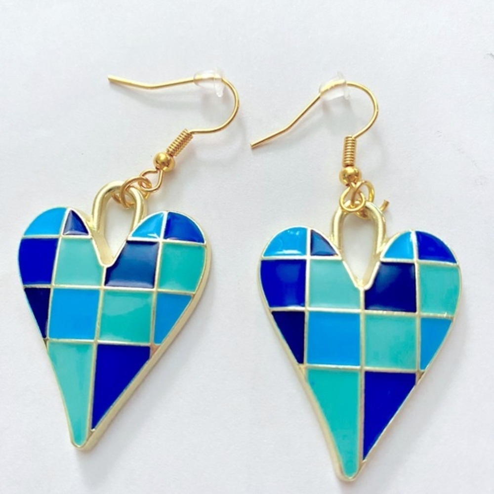 NWT - Artistic Shades of Blue Checkered Dangle Earrings Set with gold back